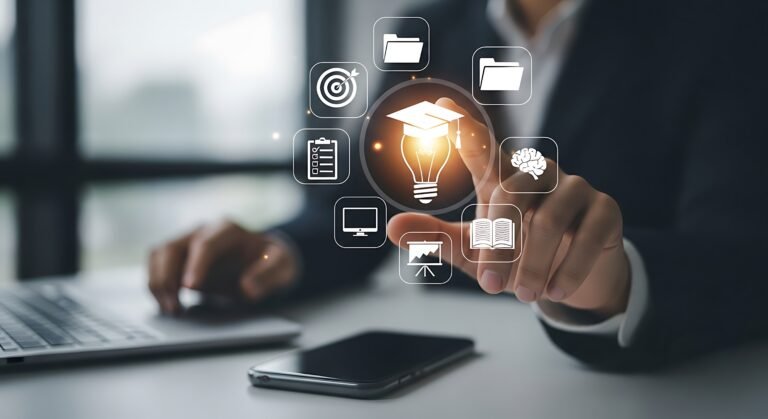 modern professional selecting online learning resources for business development and career advancement now