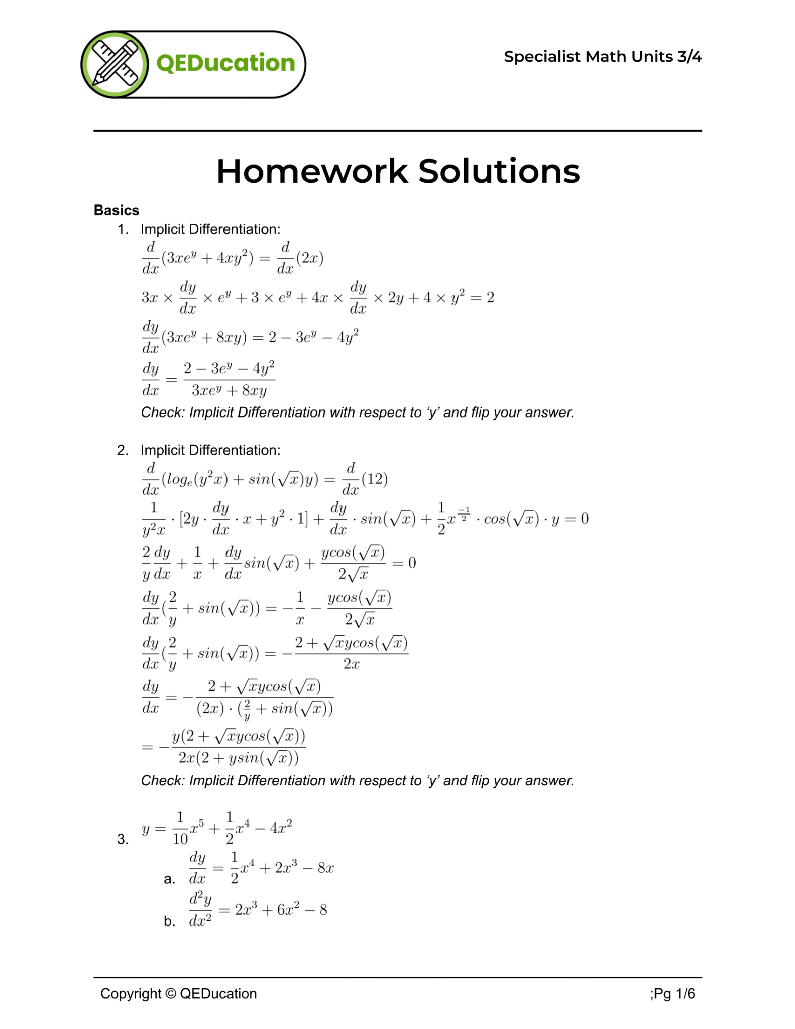 VCE Specialist Mathematics differential calculus hw sols 1