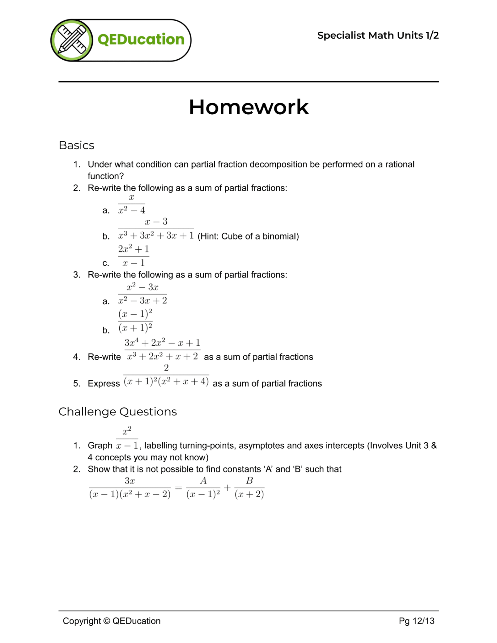 VCE Specialist Mathematics partial fraction hw 1