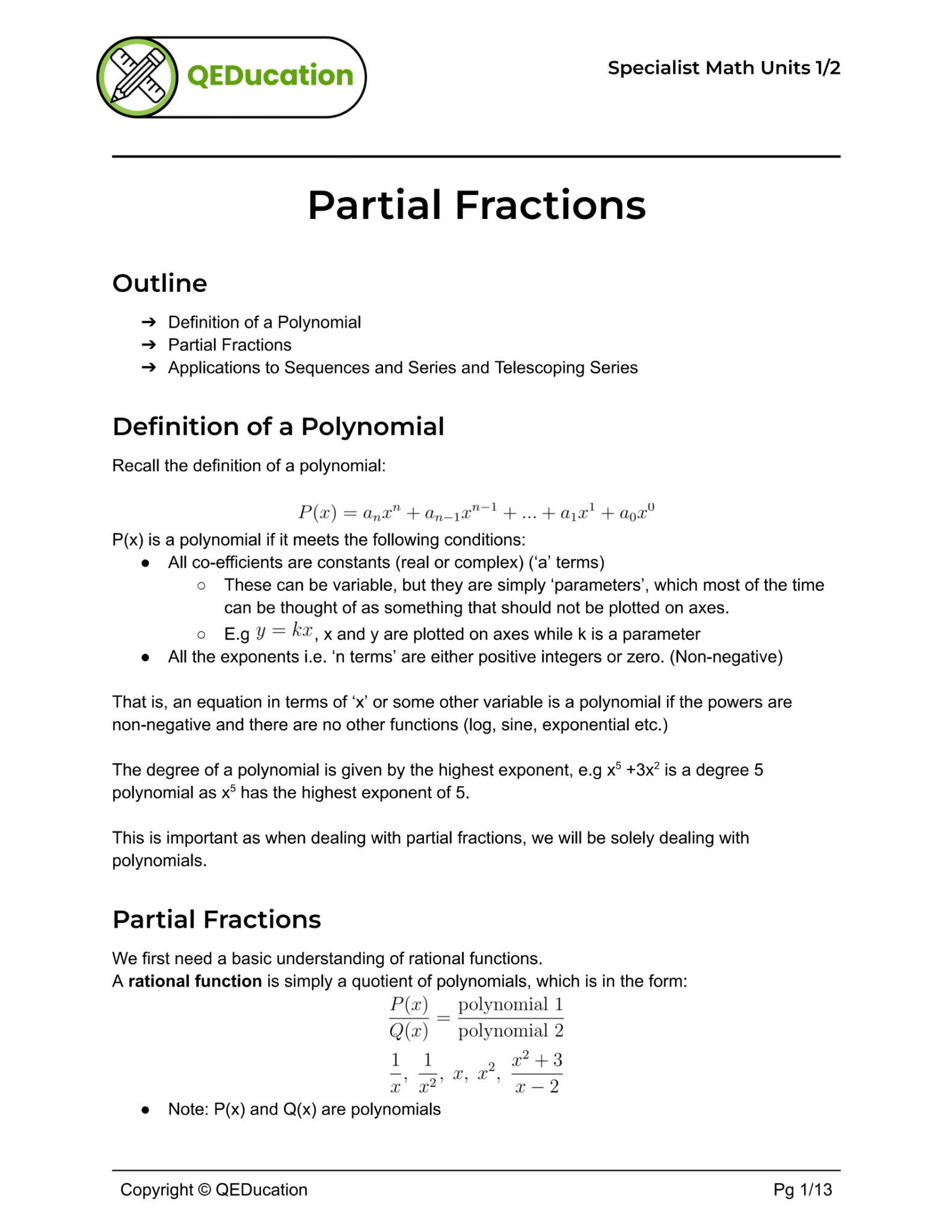 VCE Specialist Mathematics partial fractions 1