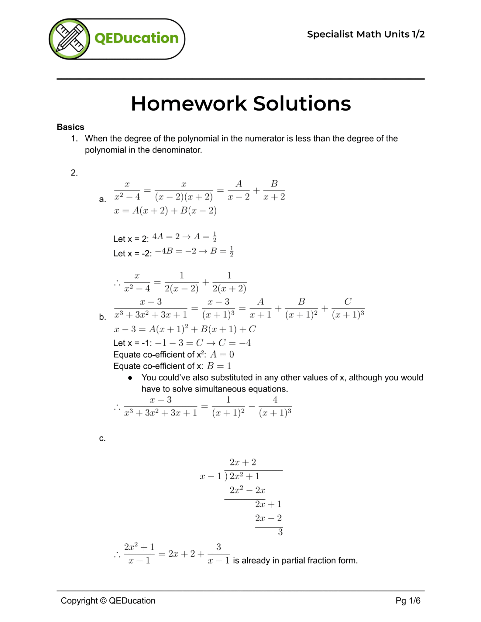 VCE Specialist Mathematics partial fractions hw sols 1