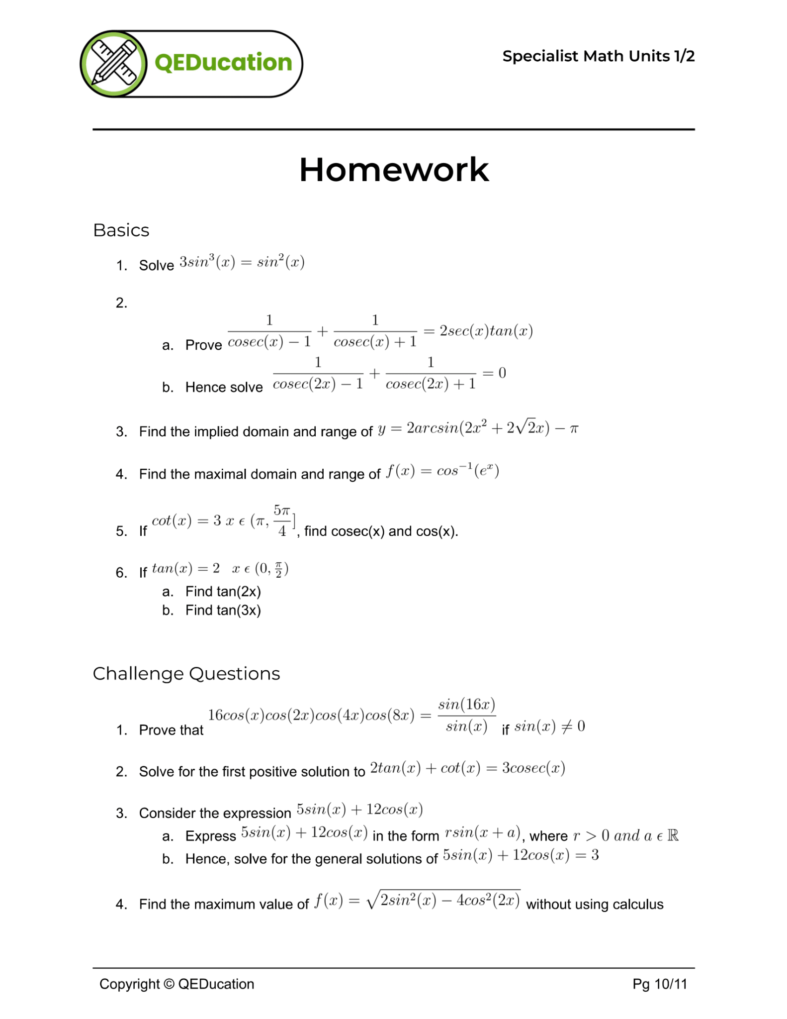 VCE Specialist Mathematics trig function hw 1