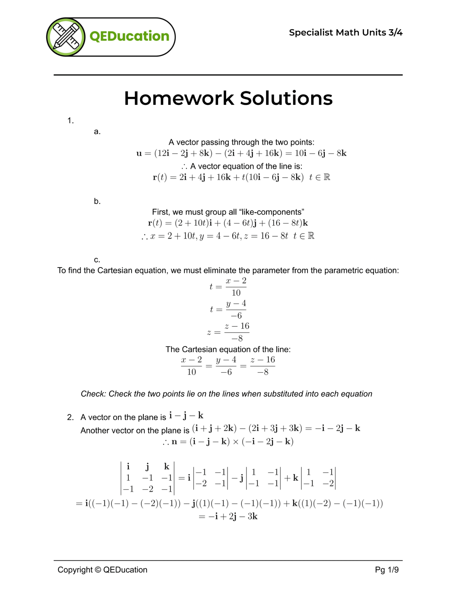 VCE Specialist Mathematics vector hw sols 1